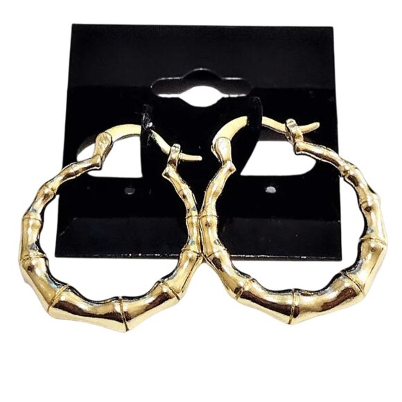 1 1/8 Inch 27mm Bamboo Hoop Pierced Post Earrings Gold Tone - Picture 3 of 5